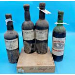 Three bottles of vintage port dated 1927, further 1985 Chateau Leon Bordeaux wine and box of cigar