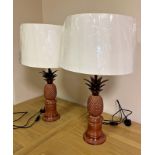 Good novelty pair of bronzed pineapple table lamps, with shades, as new, 69 cm high including shades