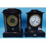 Two 19th century black twin train mantle clocks, both in working order with pendulums and keys, each