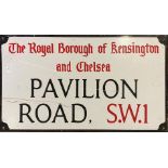 Vintage London enamel street sign 'The Royal Borough of Kensington and Chelsea, Pavilion Road, S.W.
