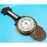 Edwardian oak barometer thermometer with pokerwork decoration, 83 cm high