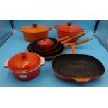 Le Creuset - Collection of pans to include three Dutch ovens, saucepan, three frying pans, griddle
