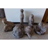 Collection of novelty reconstituted stone ornaments to include pig, tortoise, owl, meerkat, otter