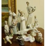 Collection of Lladro porcelain figures to include six standing girls and three geese, with Royal