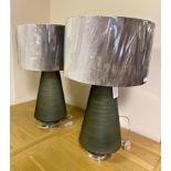 Nordic Style pair of good smoked glass table lamps, with engraved zigzag bands and original