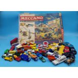 Vintage boxed Meccano Site Engineering set together with further Meccano and vintage die cast cars