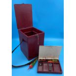 Vintage red lacquered fishing tackle box with contents, 32 cm high