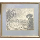 T* Wright (19th century) - lakeside landscape with cathedral in the background, graphite study,