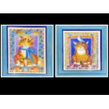 20th century school - pair of humorous studies of cats, monogrammed WKH, mixed media, 37 x 27 cm