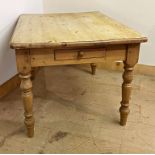 Good reclaimed pine kitchen table, with turned legs and drawer, 78 high x 122 cm long