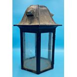 Well made hexagonal iron storm lantern with tapered pagoda top, 50 cm high