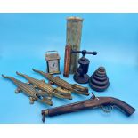 Collection of interesting items to include flintlock pistol, carriage clock, graduated set of