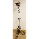 Benson style wrought iron and copper standard lamp, 165 cm high