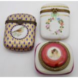 Three French antique trinket boxes, one with floral wreaths and gilt highlights by Limoges, the