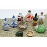 Five Chinese snuff bottles to include novelty glass example in the form of a tortoise, two further