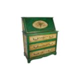 Early 20th century painted Spanish bureau, highly decorative malachite effect with floral panels and