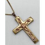 9ct gold Clogau cross and chain with scrolling floral Art Nouveau style applied decoration. Cross