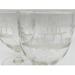 Good quality pair of Georgian rummer glasses etched with a pagoda garden landscape, 12 cms high