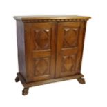 18th century Italian walnut cupboard, geometric panelled doors enclosing a shelved interior on paw