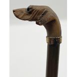 Early 20th century red parasol, with finely carved horn dog head knop, 72cm long