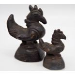 Graduated pair of Chinese bronze scroll weights in the form of cockerels, 6.25 & 3.75cm high