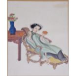 Late 19th century Chinese school - portrait of a reclining lady, original work on rice paper, 16 x