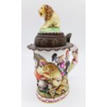 Impressive antique Capodimonte porcelain tankard, the hinged lid mounted by a seated lion
