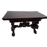 17th century and later oak twin pillar refectory table, the base carved with mythical winged lions