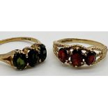 Two 9ct gold dress rings both set with garnet stones. Sizes L 1/2 and M approx. Combined weight 4.67