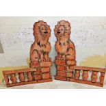 Pair of vintage hand painted theatrical props in the form of lions sat on pillars, 156 x 120cm