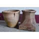Terracotta amphora type flower pot, 34 x 38cm, with a further terracotta chimney stack (2)