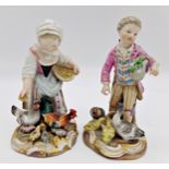 Pair of 19th century Meissen figures of a boy and girl, feeding ducks and chickens, 12.5cm high