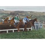 Paul Hart (20th / 21st century) - Racing at Cheltenham, signed, watercolour, 39 x 56cm, framed