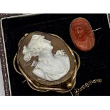 Gilt metal mounted cameo of a classical maiden measuring 5.5 cm x 3.5 cm together with a red coral