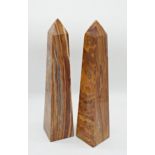 Impressive pair of carved lace agate stone obelisks, 46cm high