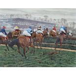 Paul Hart (20th / 21st century) - Racing at Sandown Park, signed, watercolour, 41 x 55cm, framed
