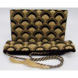 Art deco clutch bag or purse with geometric gold thread fan decoration, with matching strap