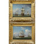 Peter Monamy (1681-1749) - Pair of marine studies with warships and rowing boats, signed, oil on