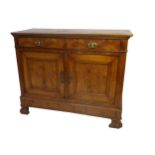 19th century French fruitwood buffet, two drawers, cupboard doors, canted corners, ogee feet, 98 x