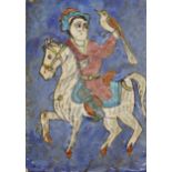 Antique Persian tile decorated in relief with a falconer on horseback, 23 x 15cm