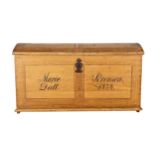 Large 19th century Swedish dome top marriage chest, twin iron handles, inscribed 'Marie Dall,