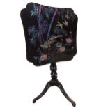 Late 19th century Oriental lacquered and painted tilt top tripod table inlaid with abalone and