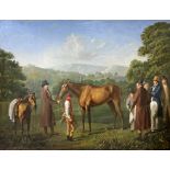 Circle of Jacques-Laurent Agasse (1767 - 1849, Swiss) - A bay racehorse held by a trainer in an