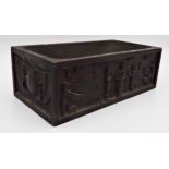 Unusual antique carved oak rectangular vessel of Egyptian interest, with hand whittled well, the
