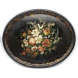 Good quality hand painted Victorian papier-mâché oval tray, centrally painted with a bouquet of