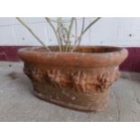 Terracotta oval planter, repeating floral relief decoration, planted up, 26 high x 52cm long