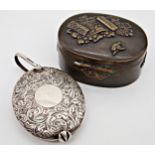 Engine turned silver locket pendant with further small Japanese bronze coloured snuff box
