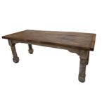 Good 19th century French fruitwood kitchen table, the top with good patina on four turned leg with