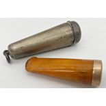 A 9ct gold banded amber cigar or cheroot holder, within a silver case, case measures 7 cm long