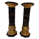 Pair of neoclassical style Chinoiserie lacquered torcheres of columns, with marbled tops,